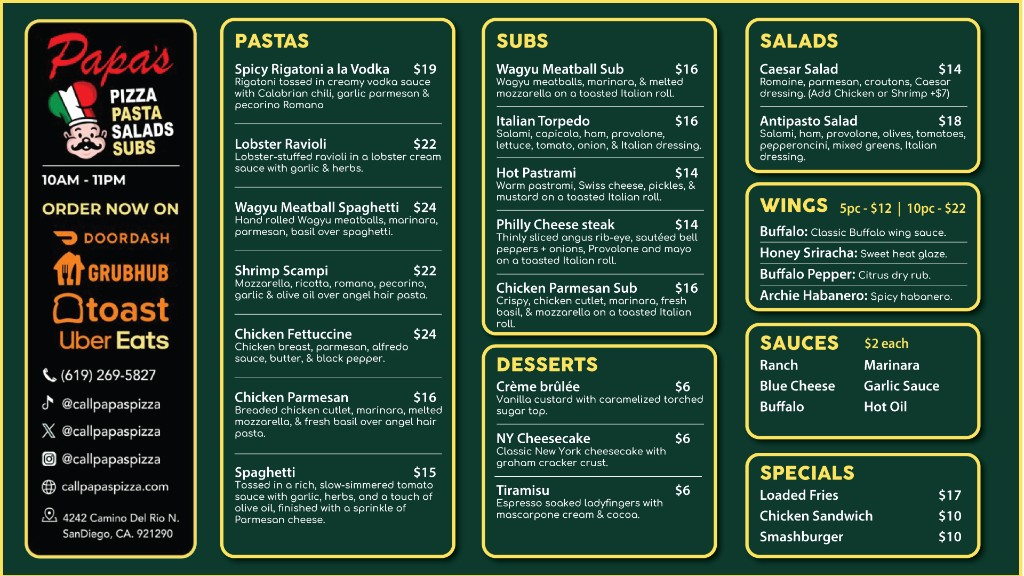 Papas Pizza full menu board: pasta, subs, desserts, salads, wings, sauces, and specials.