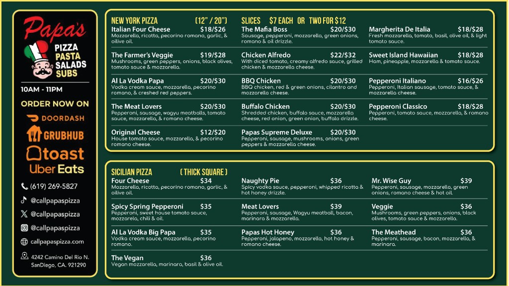 Papas Pizza menu board: New York pizza and Sicilian pizza.